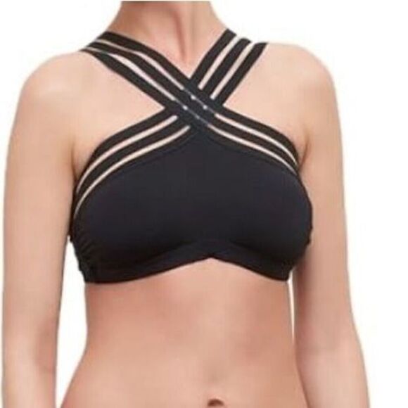 Kenneth Cole Swimming Top Size Medium Black Stretch Crisscross Padded - Picture 1 of 7
